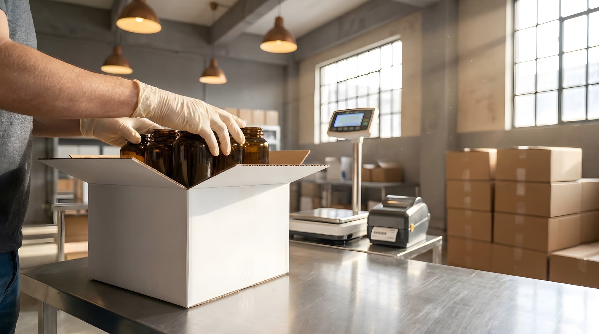 Inside a wholesale supplement vendor's fulfillment line: gloved hands placing amber-glass bottles into a clean shipping carton on a brushed steel work bench, label printer and stacks of brown cartons in soft focus.
