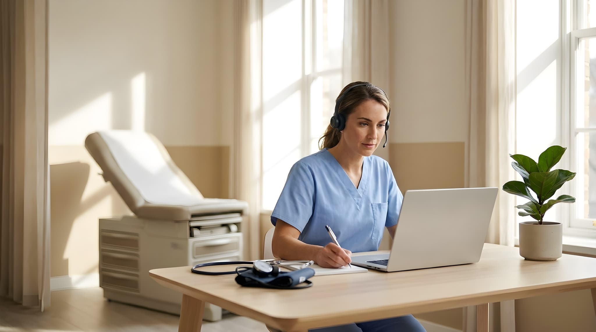 Inside a real telehealth clinical clinic: a calm clinician in a light-blue scrub top at a light-wood consultation desk, listening to a client on her laptop and taking notes by hand. Stethoscope and BP cuff visible on the desk.
