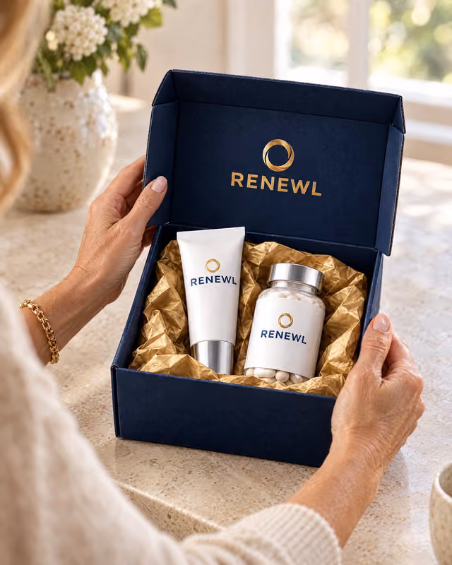 Hands opening a navy RENEWL mailer with a pump tube and a capsule bottle inside