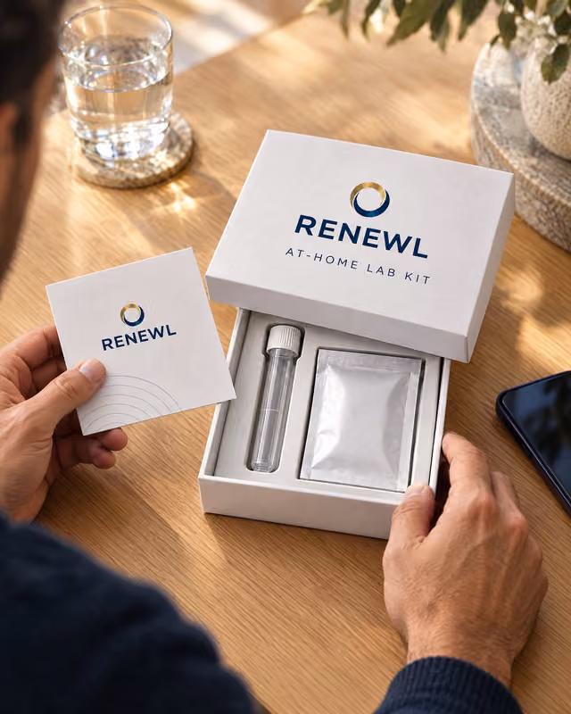 Hands unpacking a RENEWL at-home lab kit on an oak table